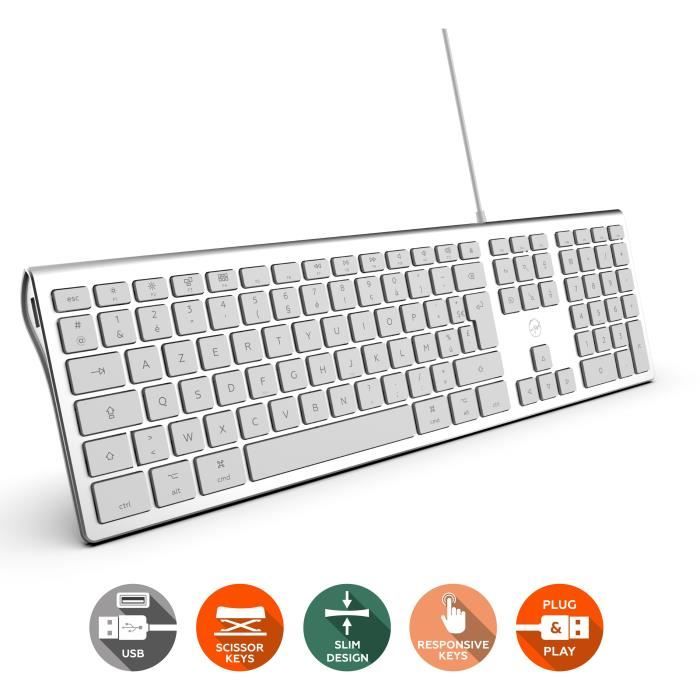 MOBILITY LAB ML304304 Clavier Design Touch Filaire avec 2 USB pour Mac AZERTY Blanc et argenté