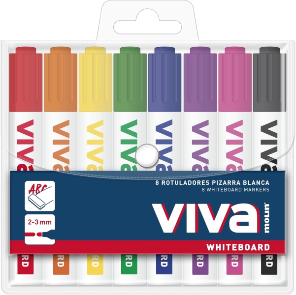 Molin Viva Lot de 8 marqueurs pour tableau blanc - Pointe ronde en fibre synthétique - Course 3 mm - Encre à base d'alcool - Couleurs assorties