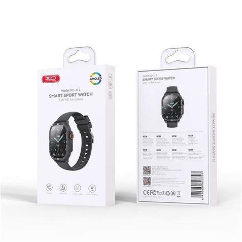 Montre connectée XO J12, écran carré AMOLED 2,06", assistant vocal, contrôle musical, multisports, appels Bluetooth, IP68, noire