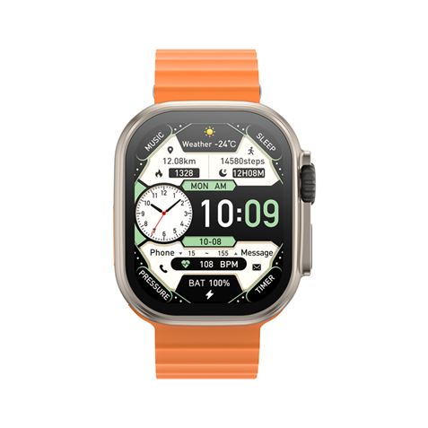Montre connectée XO M11 Ultra, écran carré incurvé de 2,01 pouces, appels Bluetooth, NFC, multisports, tensiomètre, cardiofréquencemètre et contrôle de l'oxygène, chargeur magnétique, couleur orange