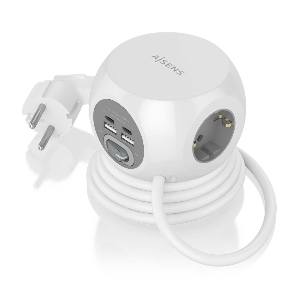 Multiprise de Bureau Multifonction Aisens avec 3 Prises + 2xUSB-C - 2xUSB-A - 1,4m - Couleur Blanc