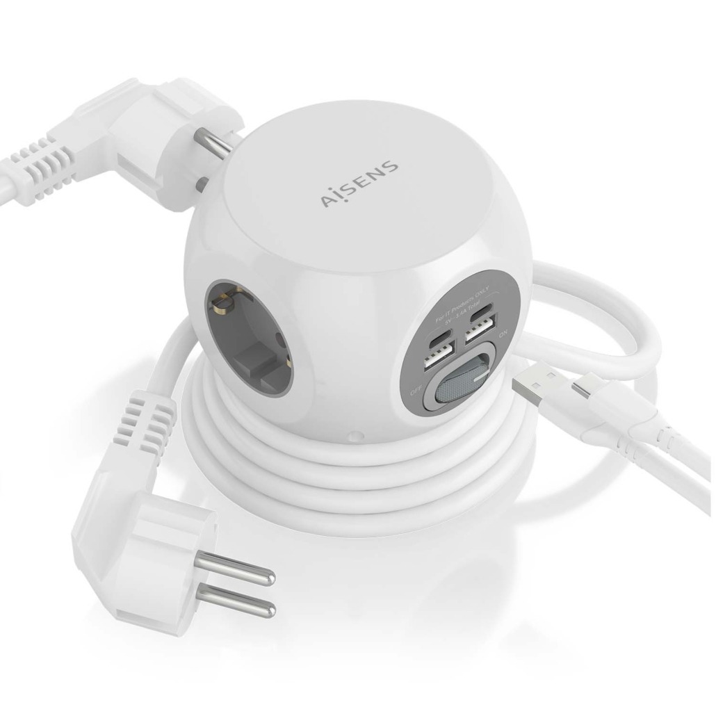 Multiprise de Bureau Multifonction Aisens avec 3 Prises + 2xUSB-C - 2xUSB-A - 1,4m - Couleur Blanc