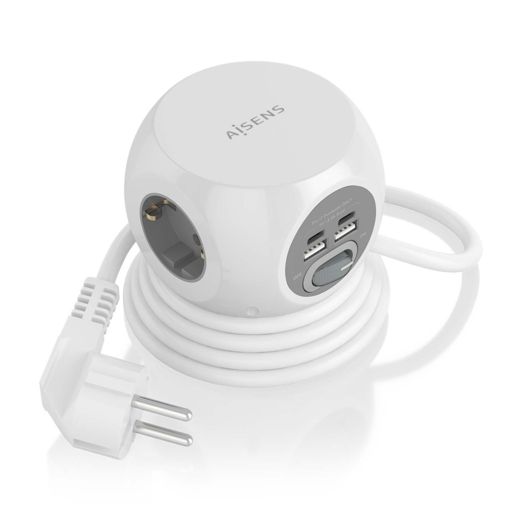 Multiprise de Bureau Multifonction Aisens avec 3 Prises + 2xUSB-C - 2xUSB-A - 1,4m - Couleur Blanc