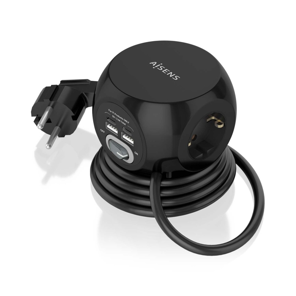 Multiprise de Bureau Multifonction Aisens avec 3 Prises + 2xUSB-C - 2xUSB-A - 1,4m - Couleur Noir