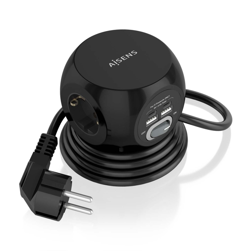 Multiprise de Bureau Multifonction Aisens avec 3 Prises + 2xUSB-C - 2xUSB-A - 1,4m - Couleur Noir