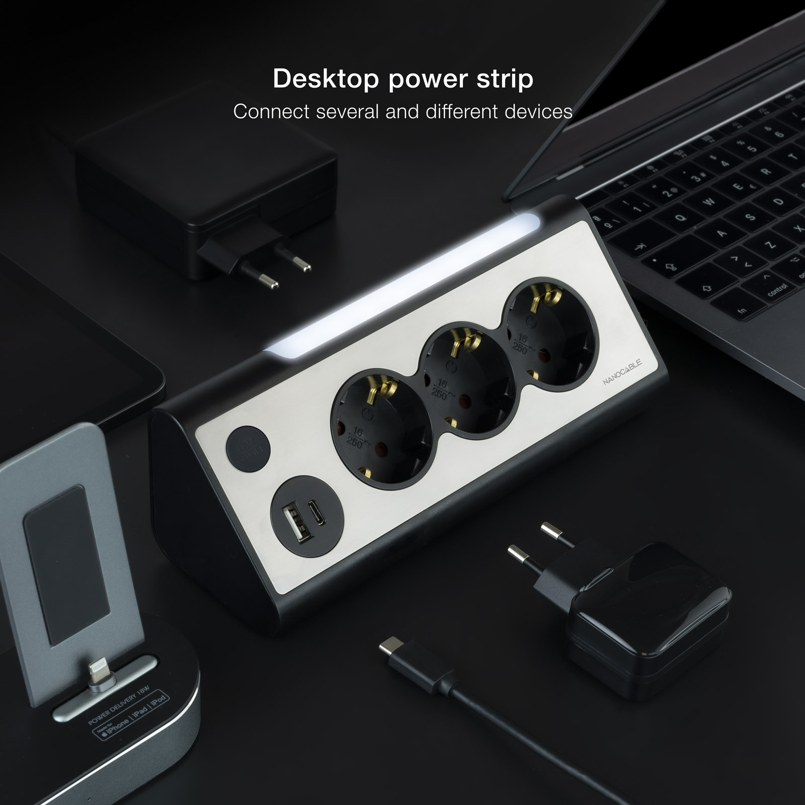 Multiprise de bureau Nanocable avec 3x Shuckos, 1x USB-C et 1x USB-A - Éclairage LED avec interrupteur - Câble de 1,50 m