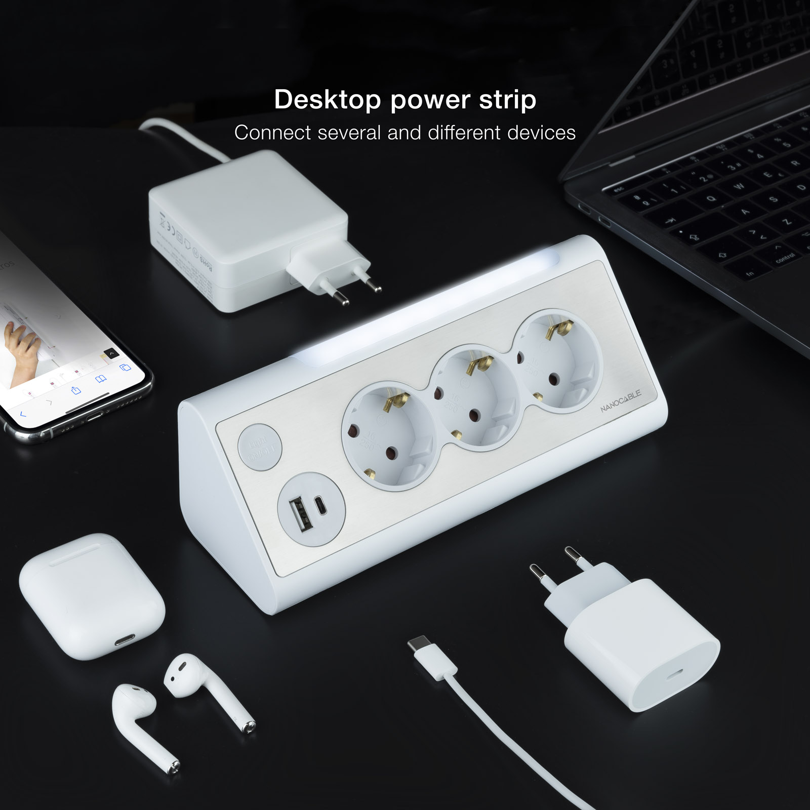 Multiprise de bureau Nanocable avec 3x Shuckos, 1x USB-C et 1x USB-A - Éclairage LED avec interrupteur - Câble de 1,50 m