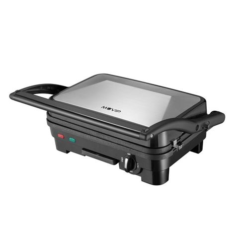 Muvip Sandwich Maker Inox 1800W - Plaques de Grill Antiadhésives Réversibles, Lisses - Sélecteur de Température - Plaque Supérieure Inclinable - Poignées Cold Touch