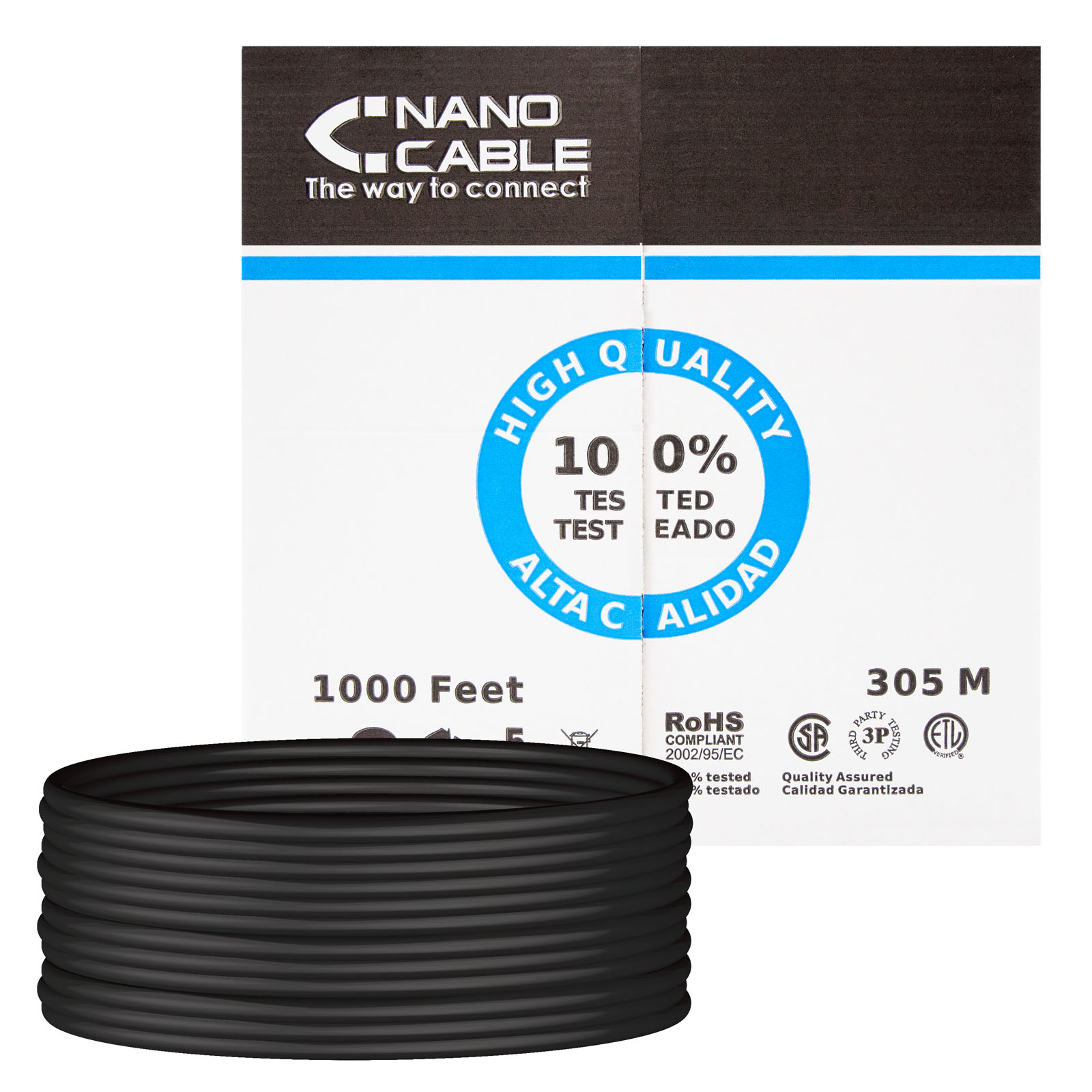 Nanocable Bobine De Câble Réseau Rigide Étanche Pour Extérieur RJ45 Cat.6 UTP AWG24 305m - Couleur Noire