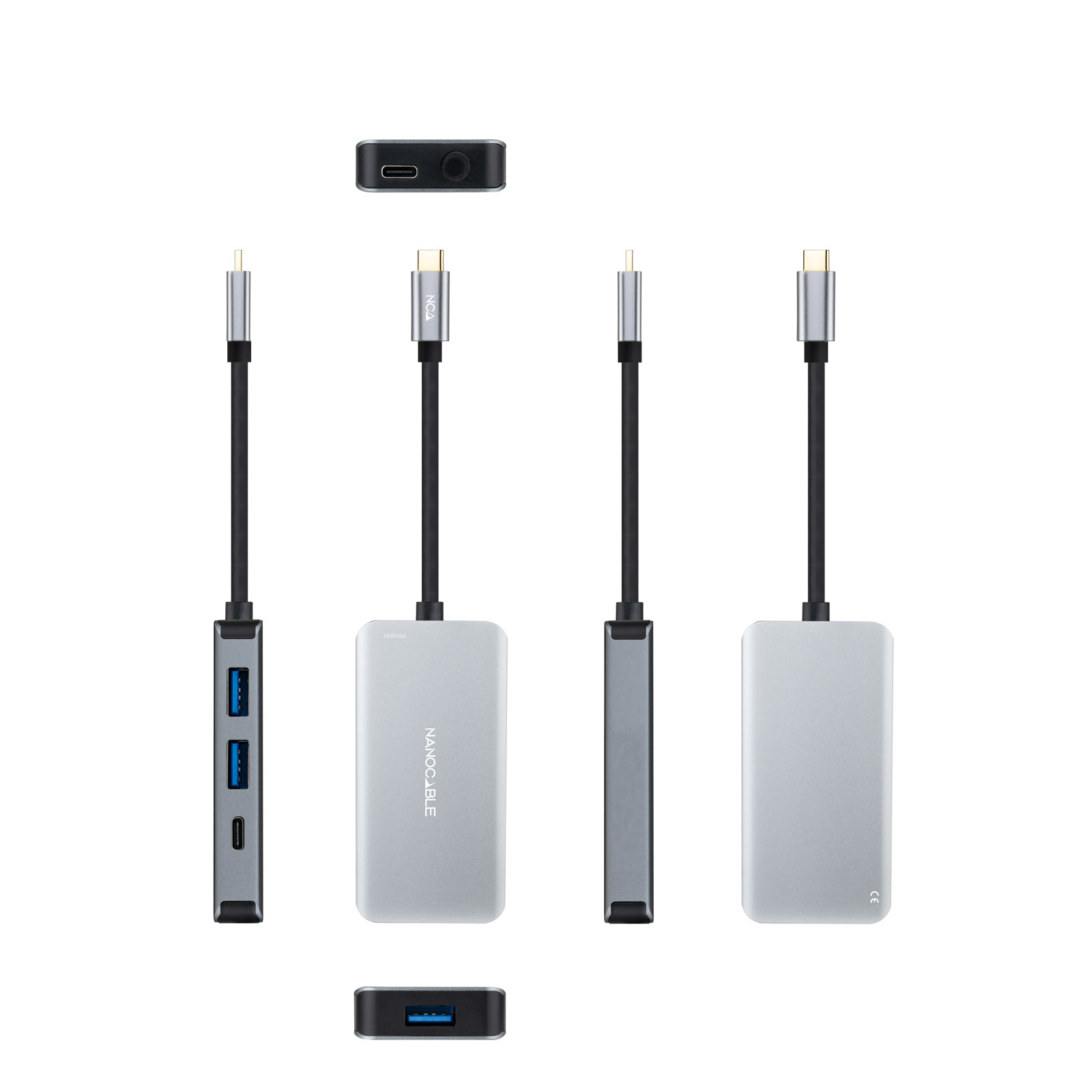 Nanocable HUB USB-C 5 en 1 - Convertisseur 3.2 GEN1 5G vers 3 x USB-A 3.0 + USB-C + USB-C PD 100W - Aluminium - 15 cm - Couleur Gris