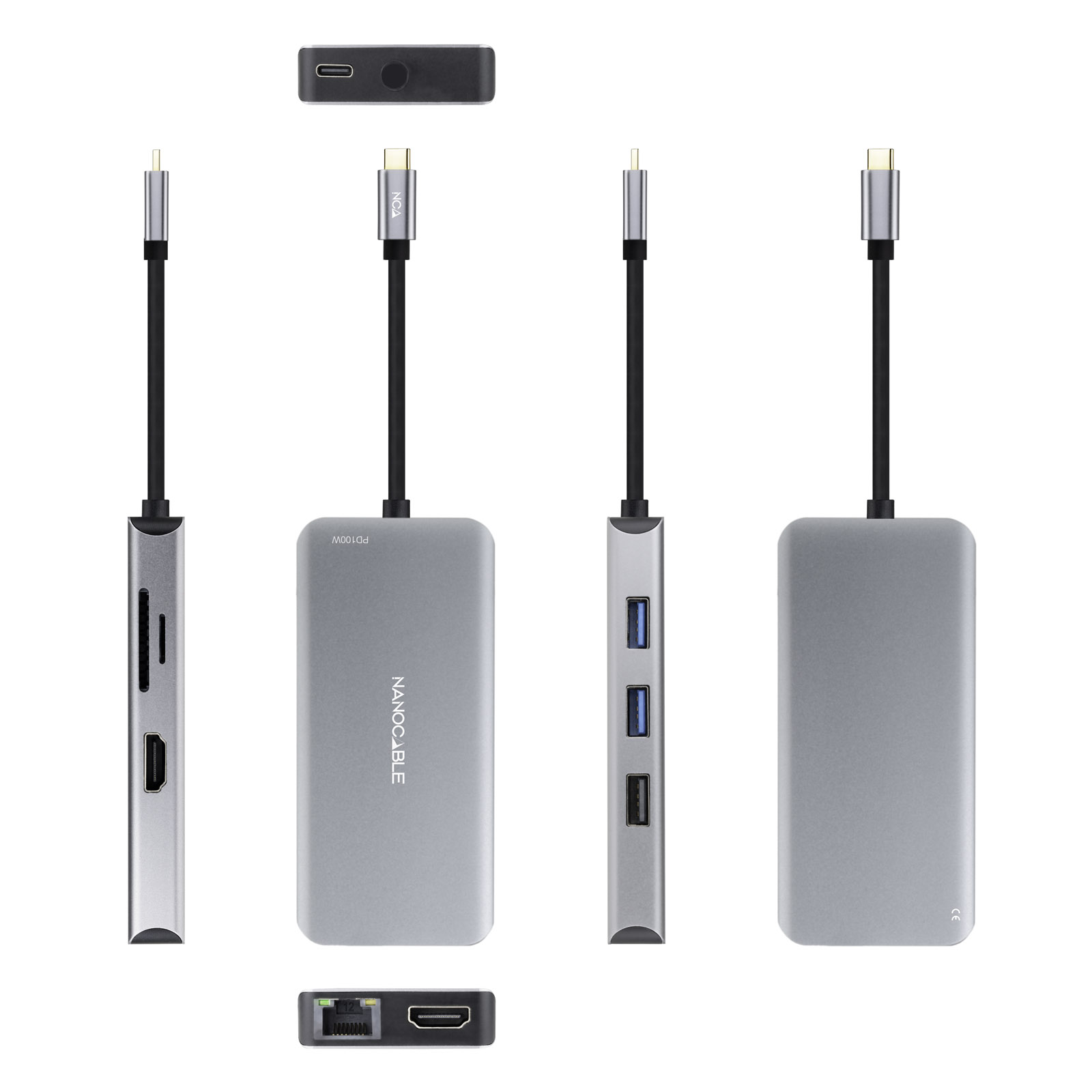Nanocable HUB USB-C 9 en 1 -USB-C vers 3 x USB-A + 2 x HDMI + RJ45 + TF + SD + Convertisseur USB-C PD 100W - Aluminium - 15cm - Couleur Gris