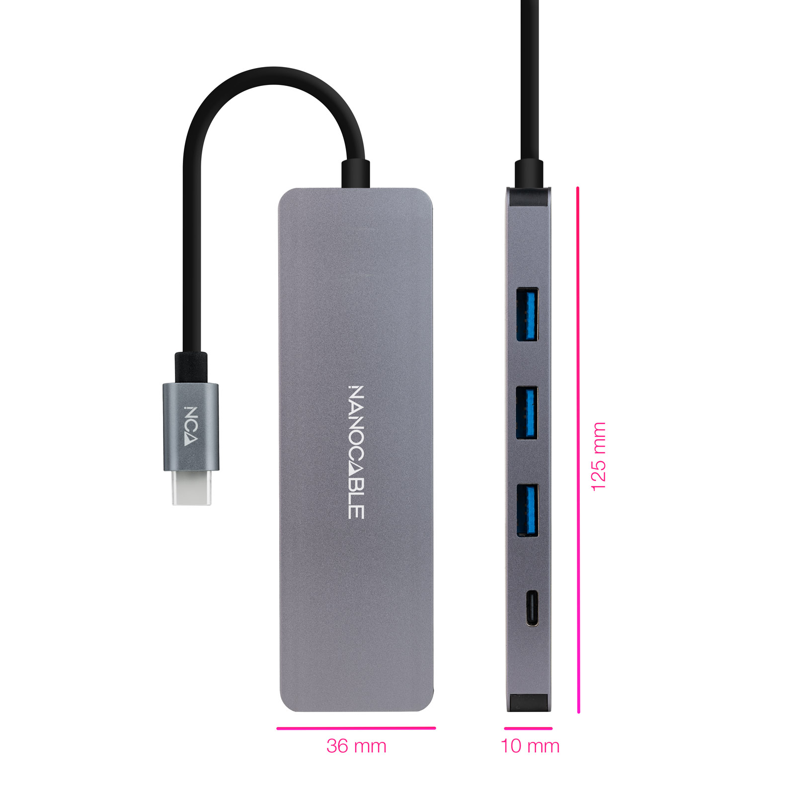 Nanocable Hub USB-C/MA 3xUSB3.0/H + 1xUSB-C/H - 10cm - Couleur Aluminium