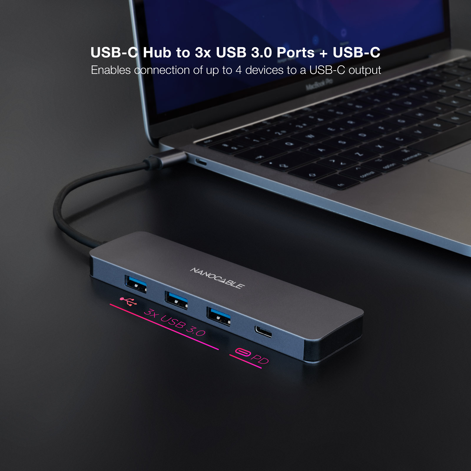 Nanocable Hub USB-C/MA 3xUSB3.0/H + 1xUSB-C/H - 10cm - Couleur Aluminium