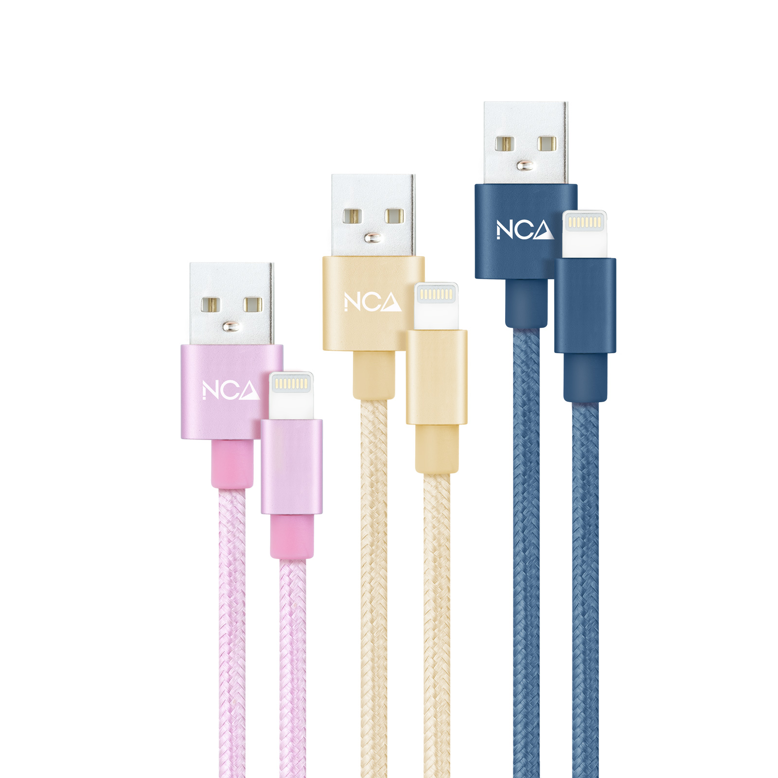 Nanocable Lot de 3 Câbles Blindés USB-A Mâle vers Lightning Mâle - Longueur 1m - Couleurs Rose, Or et Bleu