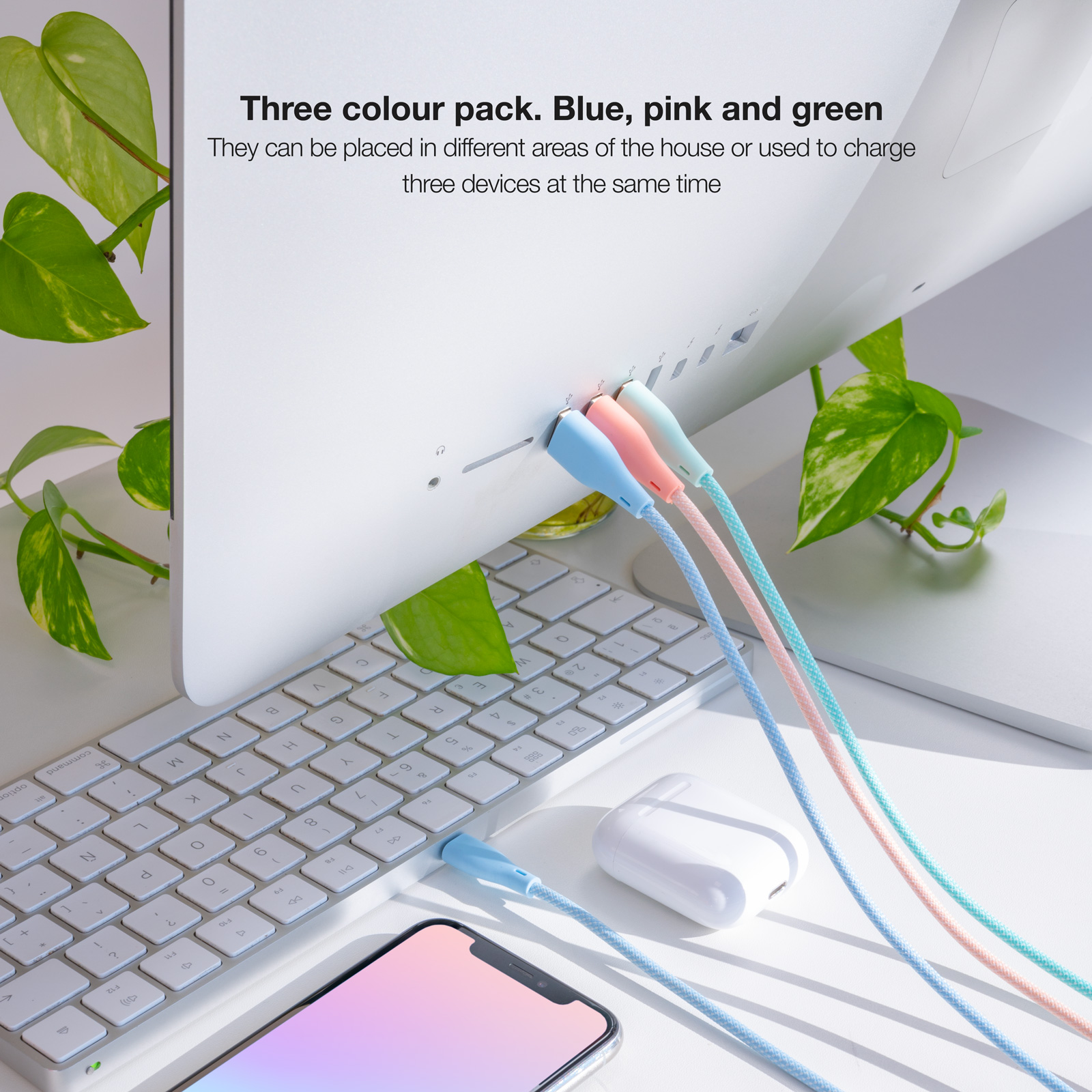 Nanocable Pack de 3 Câbles USB-A Mâle vers Lightning Mâle Blindés - Longueur 1m - Couleurs Pastel Rose, Vert et Bleu