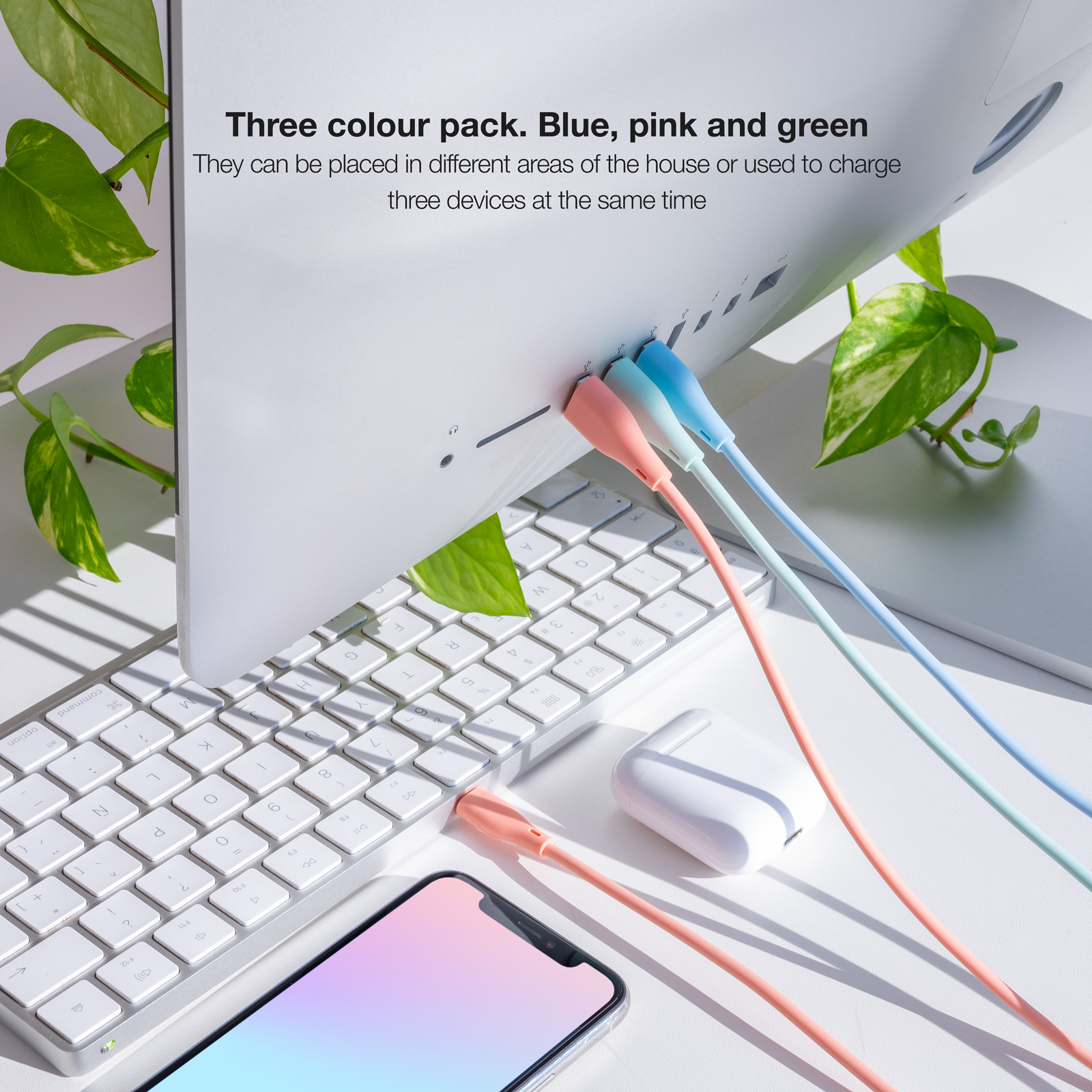Nanocable Pack de 3 Câbles USB-A Mâle vers Lightning Mâle - Longueur 1m - Couleurs Pastel Rose, Vert et Bleu