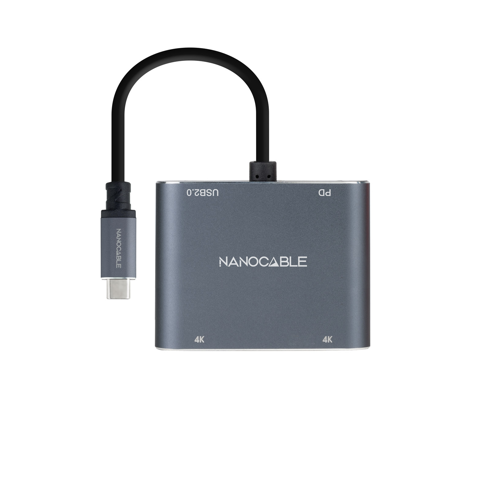 Nanocable USB-C vers 2x HDMI, 1x USB 2.0 et 1x Convertisseur USB-C PD - Longueur de câble 15cm - Couleur Gris