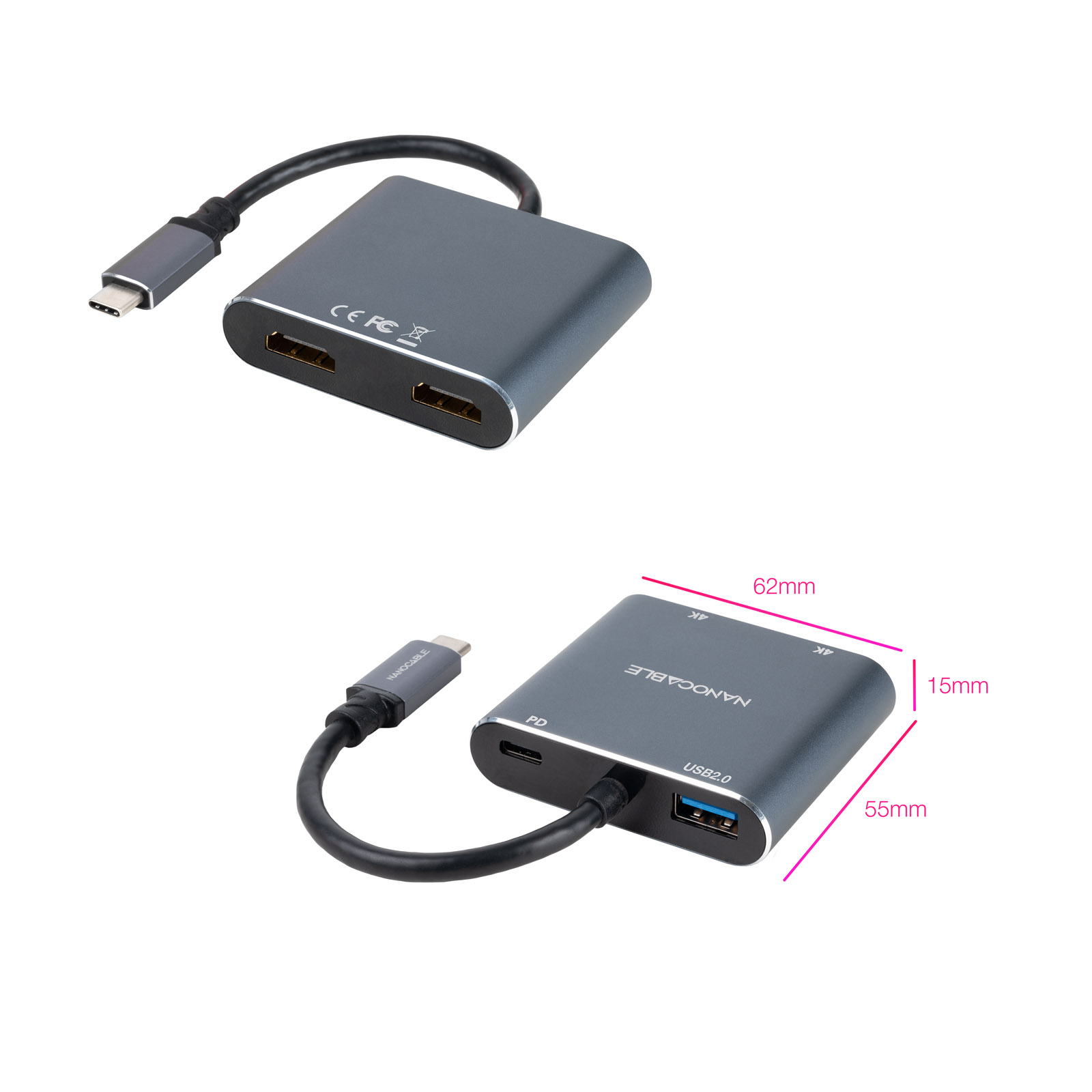 Nanocable USB-C vers 2x HDMI, 1x USB 2.0 et 1x Convertisseur USB-C PD - Longueur de câble 15cm - Couleur Gris