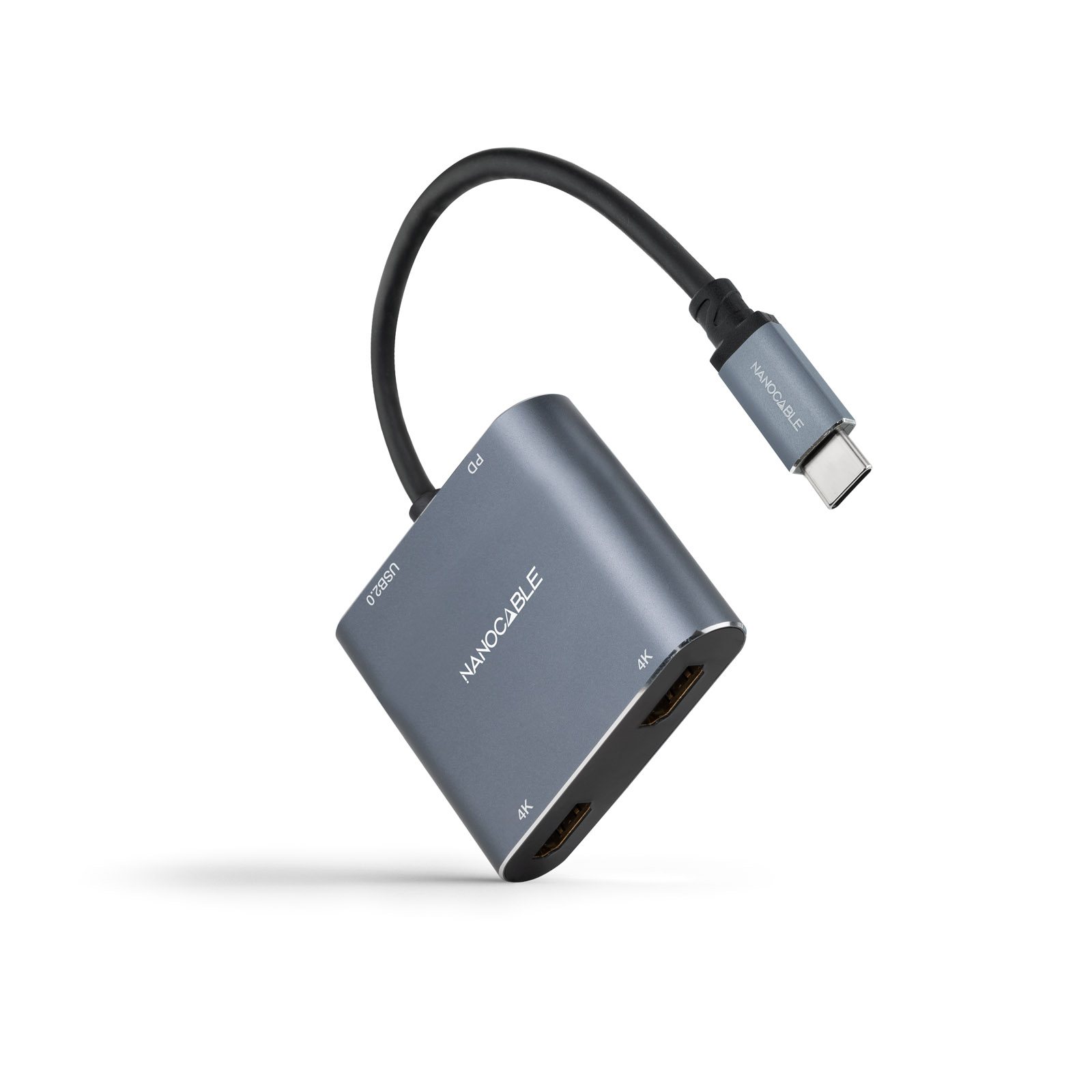Nanocable USB-C vers 2x HDMI, 1x USB 2.0 et 1x Convertisseur USB-C PD - Longueur de câble 15cm - Couleur Gris