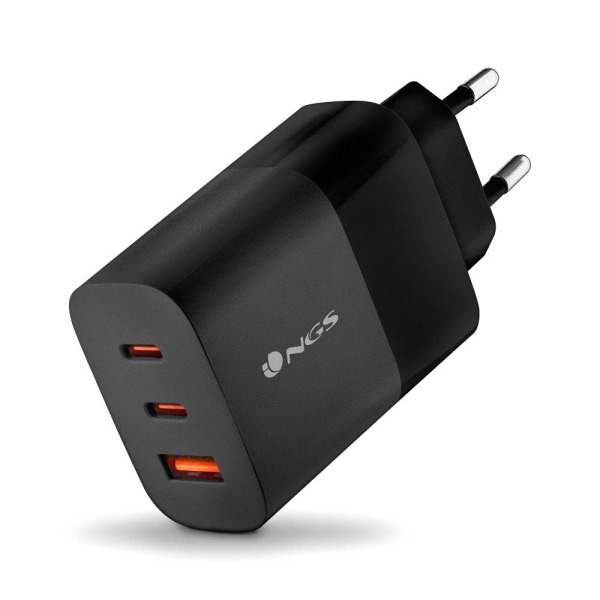 NGS Bud 65W Chargeur Mural Universel 65W Ultrarapide - 2x USB-C PD & PPS, 1x USB-A QC 3.0 - Noir