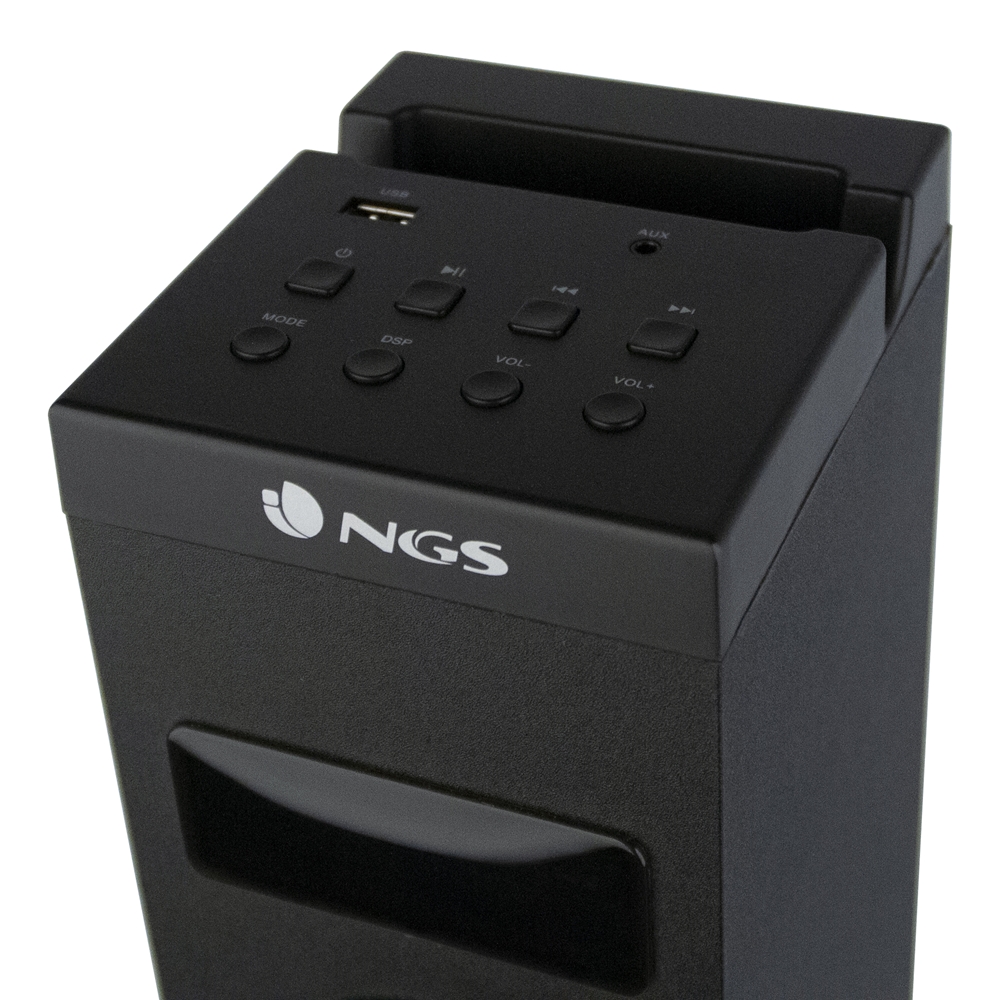 NGS Sky Charm Tour de son Bluetooth 50 W - USB, radio FM, entrée auxiliaire et entrée TV optique - Écran LED - Boîtier en bois - Couleur noire
