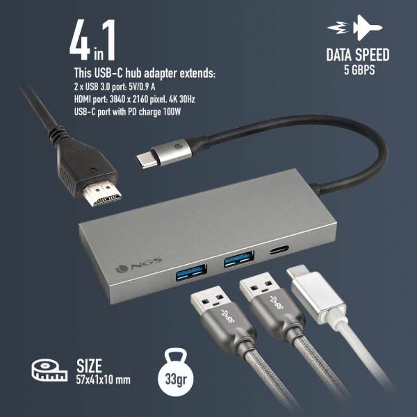 NGS Wonder Dock 4 Pro Hub USB-C 4 en 1 - 2x USB 3.0, 1x USB-C PD 100W, 1x HDMI - Prend en charge les résolutions maximales de 4K à 30 Hz - Vitesse jusqu'à 5 Gbps