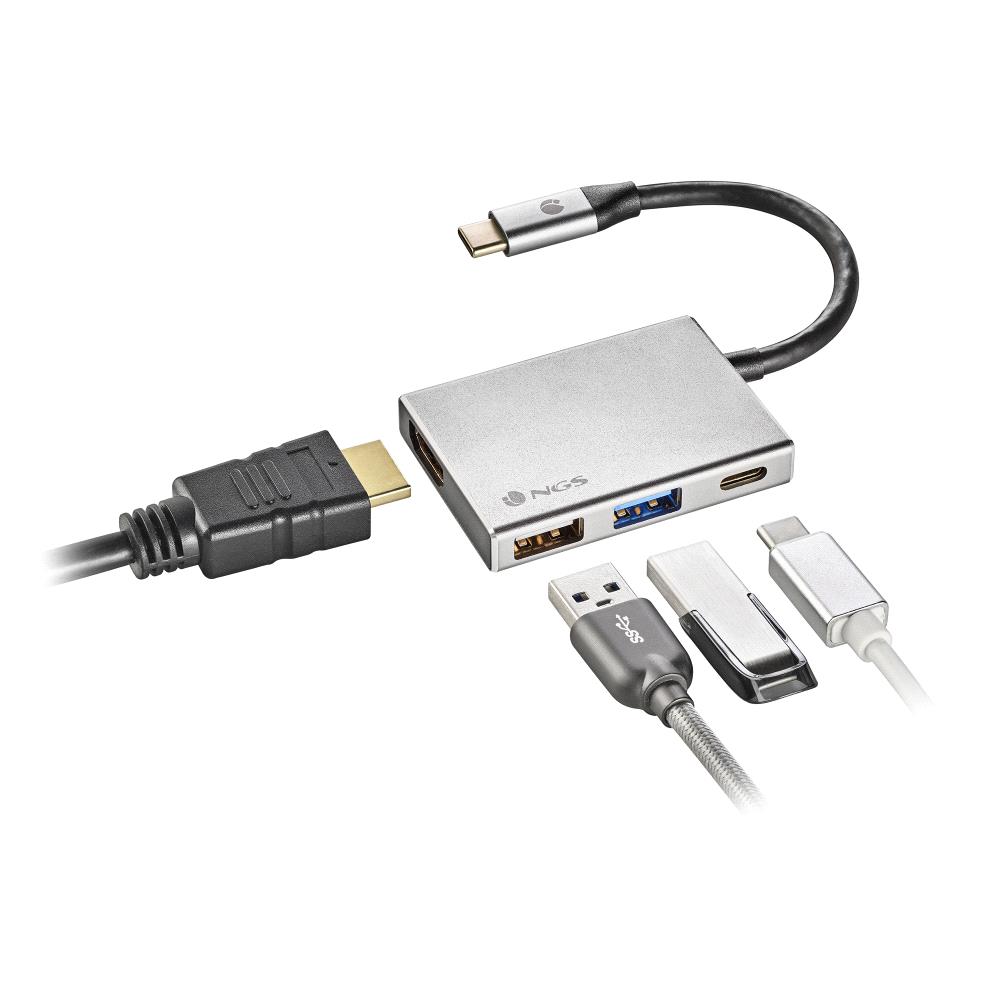 NGS Wonder Dock Hub USB-C 4 en 1 - 1x USB 3.0, 1x USB-C PD 60W, 1x USB-A, 1x HDMI - Prend en charge des résolutions maximales de 4K à 30 Hz - Vitesse jusqu'à 5 Gbps