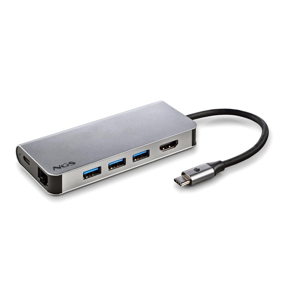 NGS Wonder Dock Hub USB-C 8 en 1 - 3x USB 3.0, 1x USB-C PD 60W, 1x HDMI, 1x RJ-45, emplacement SD 40 Mbps et emplacement TF 40 Mbps - Prend en charge les résolutions maximales de 4K à 30 Hz