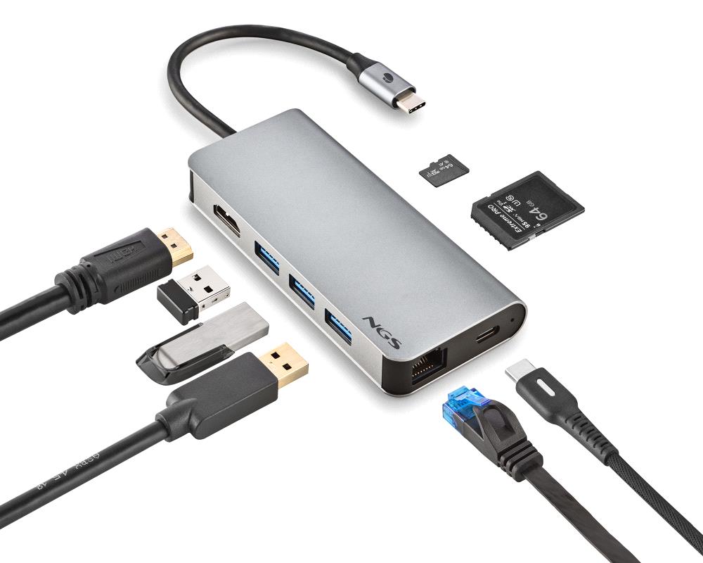 NGS Wonder Dock Hub USB-C 8 en 1 - 3x USB 3.0, 1x USB-C PD 60W, 1x HDMI, 1x RJ-45, emplacement SD 40 Mbps et emplacement TF 40 Mbps - Prend en charge les résolutions maximales de 4K à 30 Hz