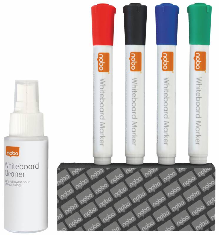 Nobo Basic Kit Accessoires Tableau Blanc Effaçable à Sec - 4 Marqueurs Tableau Noir - Gomme Tableau Noir - Spray Nettoyant 50Ml - Noir, Bleu, Rouge, Vert - Couleur Blanche