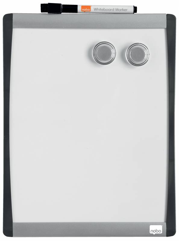 Nobo Mini Tableau Magnétique avec Cadre Arqué 215x280 - Design Argenté et Noir Élégant - Pastilles Adhésives et Aimants Inclus - Blanc
