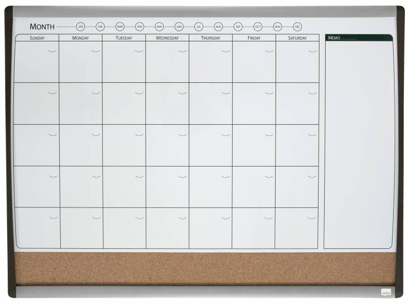 Nobo Petit Agenda Tableau Magnétique avec Tableau d'Affichage en Liège 585x430mm - Hebdomadaire et Mensuel - Cadre Argenté et Noir - Blanc