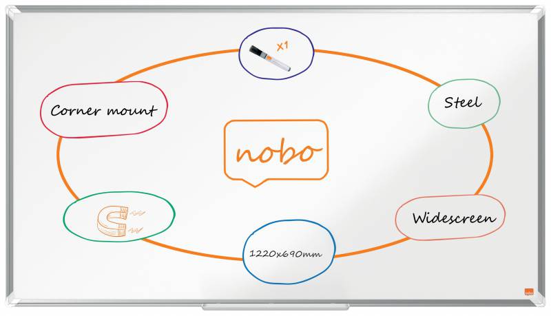 Nobo Premium Plus Tableau Blanc Magnétique Panoramique Acier Laqué 1220x690mm - Montage en Angle - Blanc