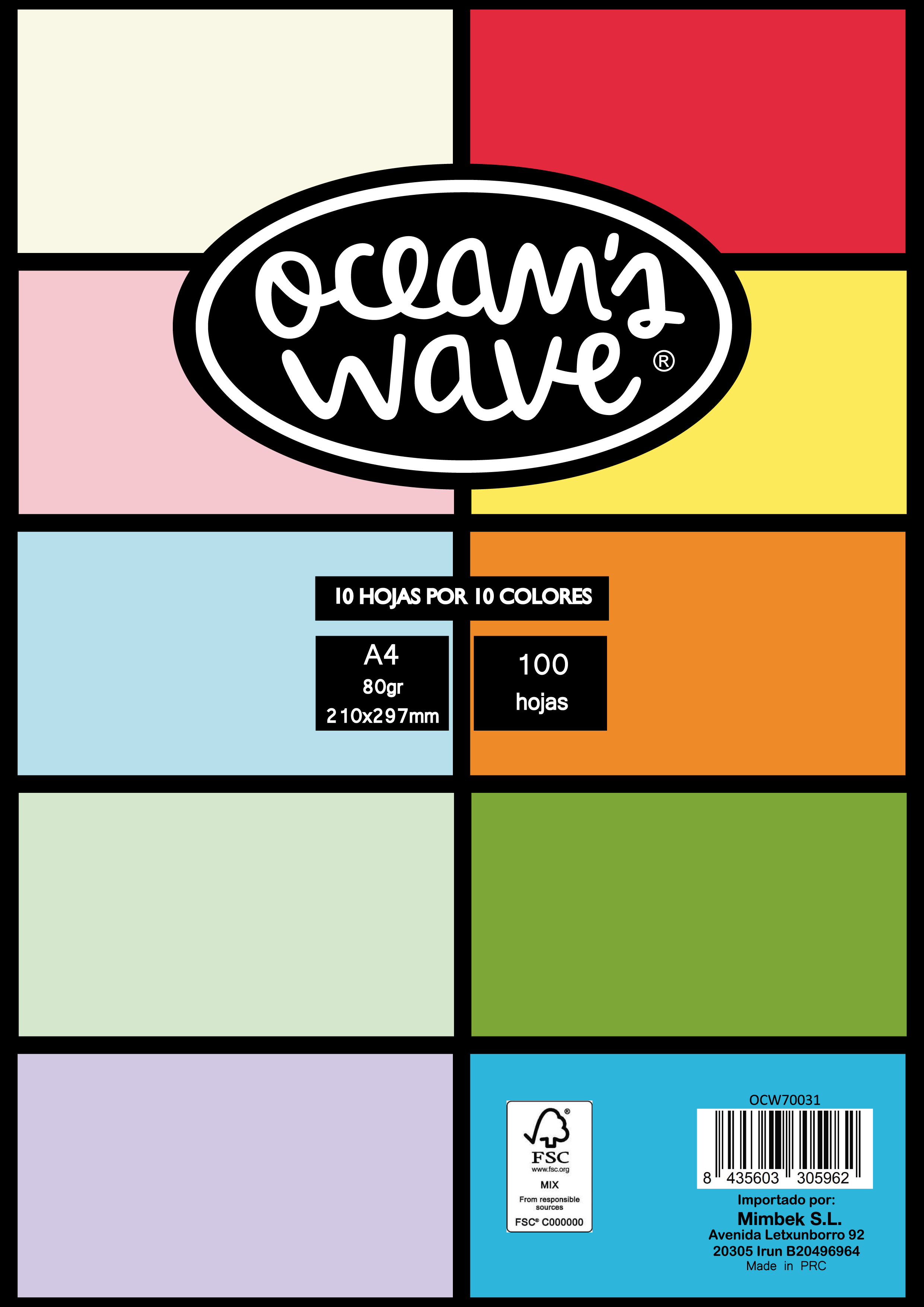 Oceans Wave Pack de 100 Feuilles Colorées A4 80gr - Couleurs Assorties