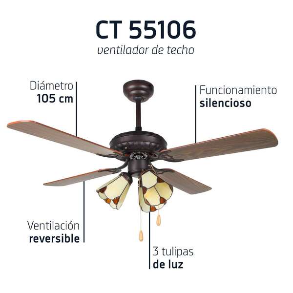 Orbegozo CT 55106 Ventilateur de Plafond Élégant et Efficace - Diamètre Compact - Fonctionnement Silencieux - 3 Abat-Jour Stratégiques - Polyvalent et Décoratif - Système Réversible pour Économie d'Énergie