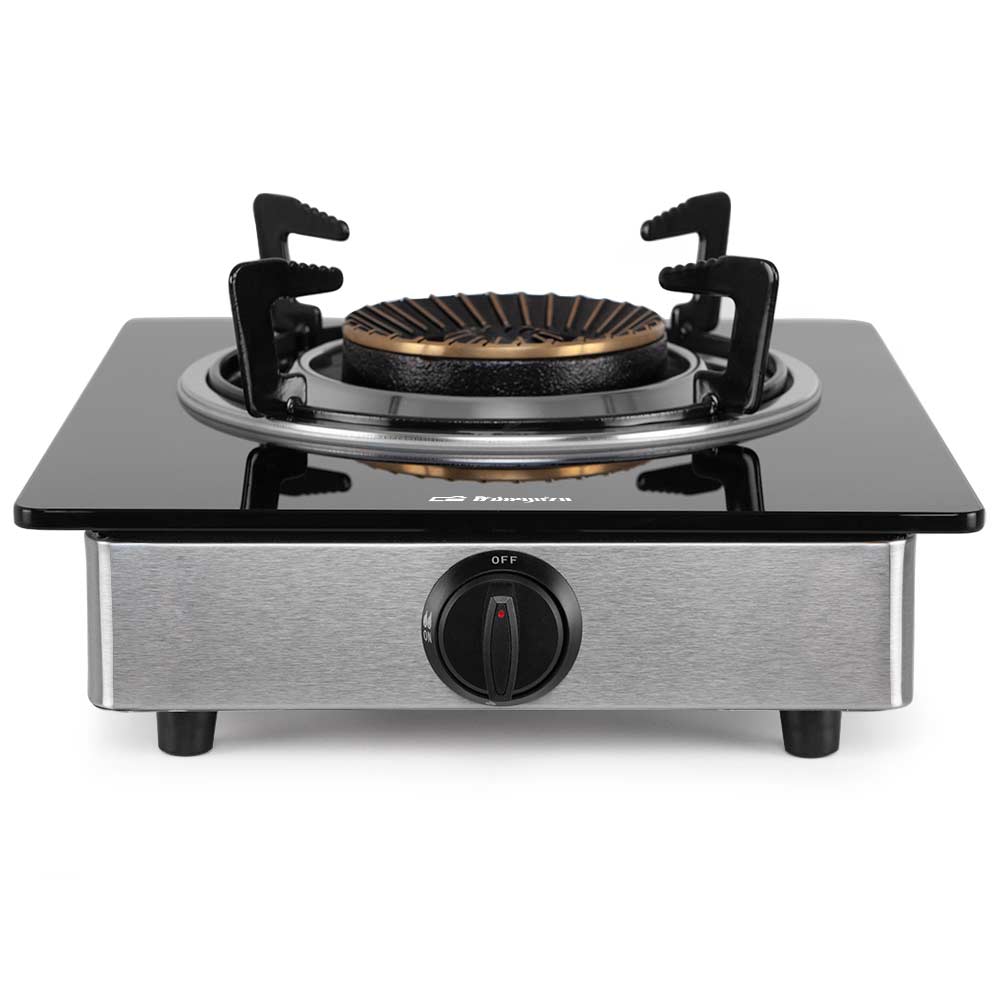 Orbegozo FO 1720 Cuisinière à gaz élégante et sûre - Allumage piézoélectrique - Brûleur triple couronne - Système de sécurité FFD - Corps en acier inoxydable - Surface en verre trempé