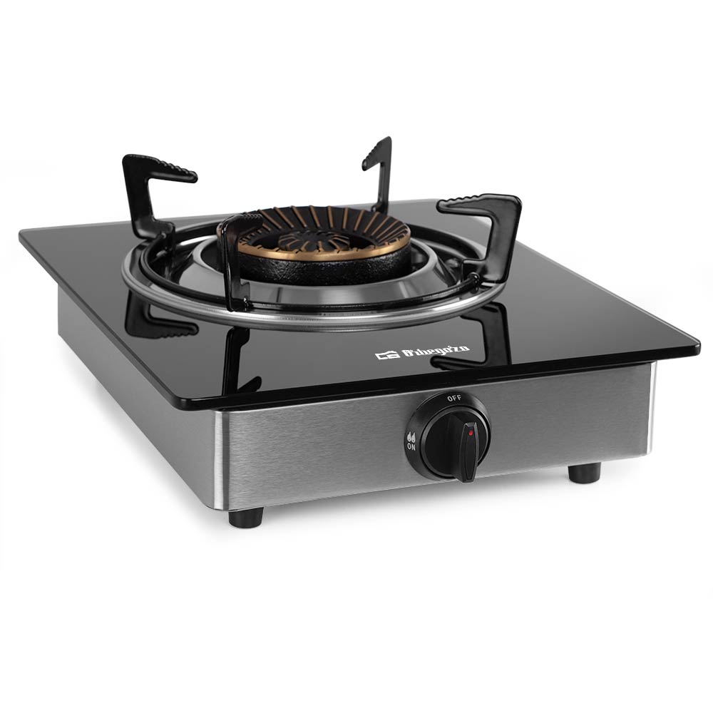 Orbegozo FO 1720 Cuisinière à gaz élégante et sûre - Allumage piézoélectrique - Brûleur triple couronne - Système de sécurité FFD - Corps en acier inoxydable - Surface en verre trempé