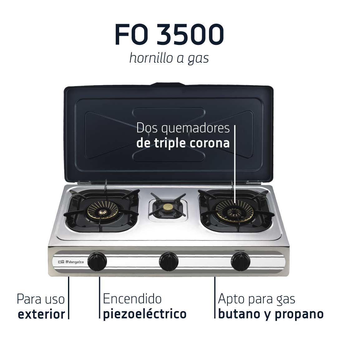 Orbegozo FO 3500 - Cuisinière à gaz compacte et efficace - Allumage piézoélectrique - 3 brûleurs - Corps en acier inoxydable - Idéal pour l'extérieur