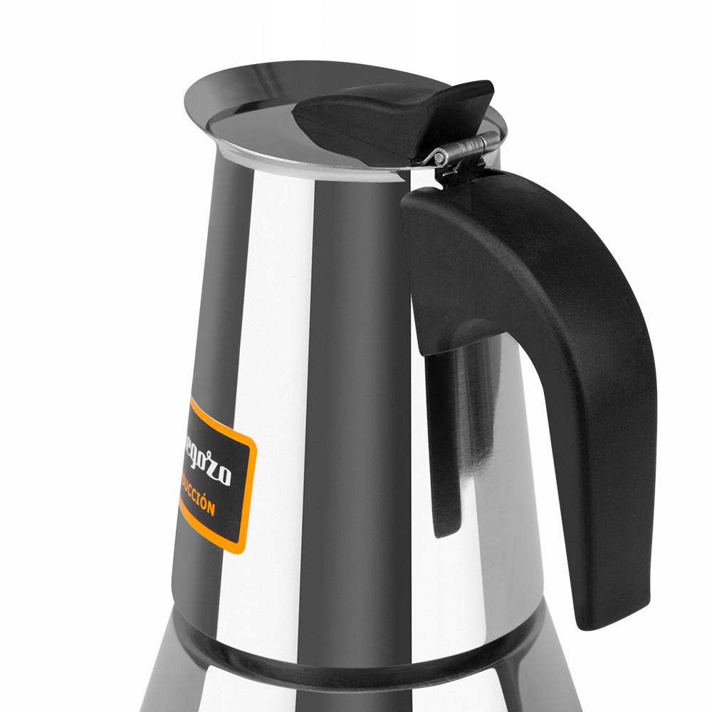 Orbegozo KFI 460 Cafetière en acier inoxydable résistante et polyvalente - Capacité de 4 tasses - Convient à tous types de brûleurs - Poignée ergonomique - Arôme maximal - Passe au lave-vaisselle