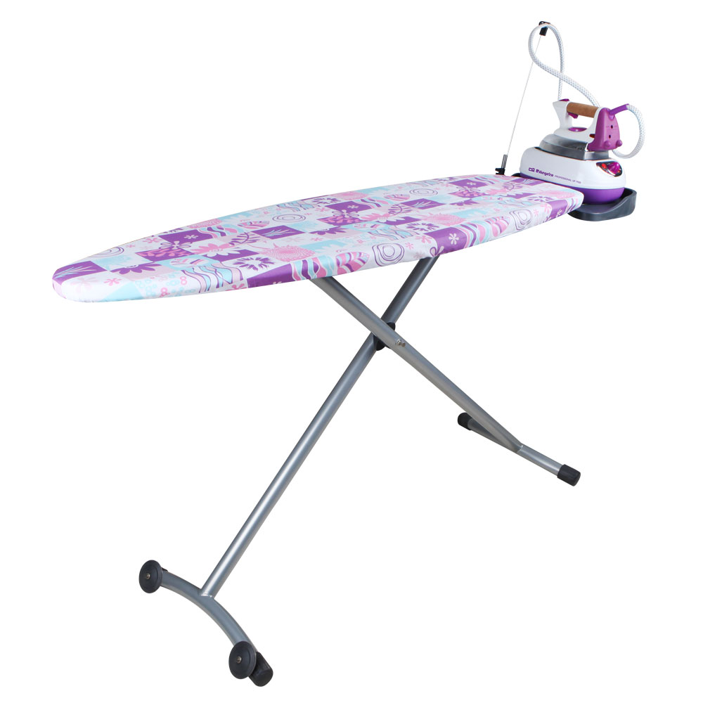 Orbegozo TP 1350 Table à repasser pliante avec repose-fer et housse en coton - Grille en acier résistante - Hauteur réglable jusqu'à 93 cm - Roues pour une mobilité facilitée