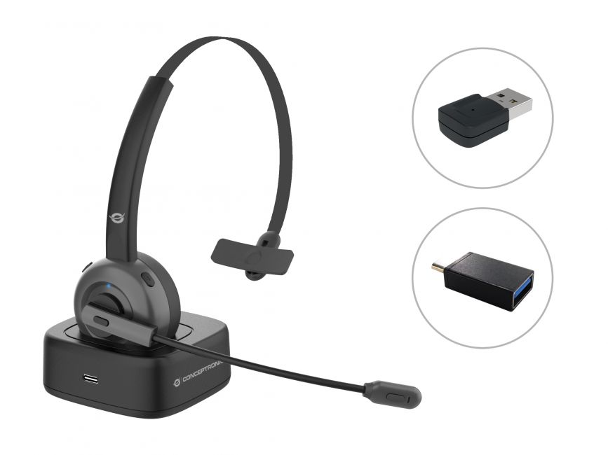 Oreillette Bluetooth Mono Conceptronic avec Microphone Pivotant et Flexible - Suppression du Bruit - Adaptateur Audio Bluetooth - Adaptateur USB-C vers USB-A