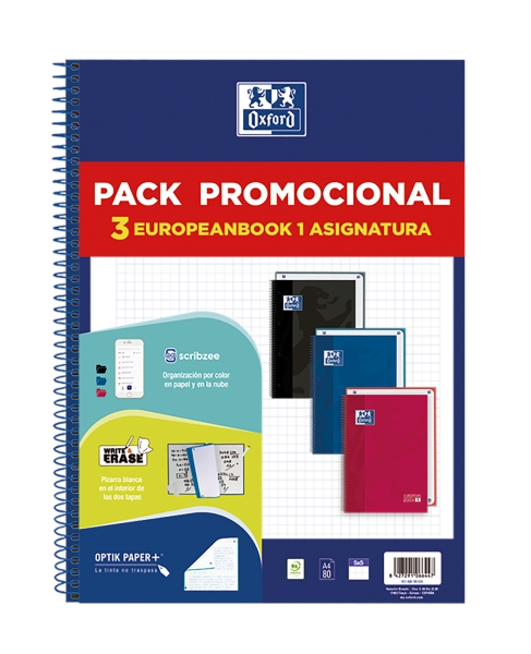 Oxford Europeanbook 1 Classic Pack de 3 Cahiers Spirales Format A4+ Quadrillé 5x5mm - 80 Feuilles 90gr - Couverture Extra Rigide Soft Touch - Coffret Couleur - Couleurs Vives Assorties