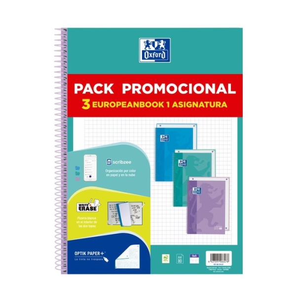 Oxford Europeanbook 1 Touch Pack de 3 Cahiers Spirales Format A4+ Quadrillé 5x5mm - 80 Feuilles 90gr - Couverture Extra Rigide Soft Touch - Coffret Couleur - Couleurs Pastel Assorties