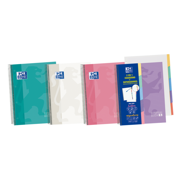 Oxford School Classic A5+ Europeanbook - Couverture extra rigide - 100 feuilles - 5 onglets découpés - Couleurs assorties