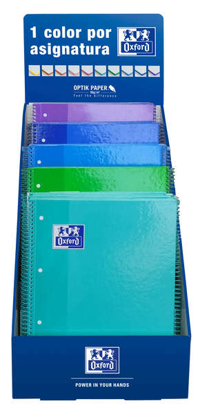 Oxford School Tabletop Display Cool Colors A4+ - Couverture Extra Rigide - Cahier à Spirale Micro-Perforé - Europeanbook 1 5x5 - 80 Feuilles - Couleurs Assorties