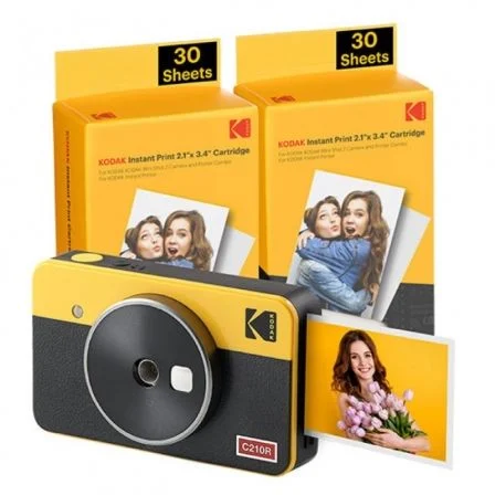 Pack Appareil Photo Numérique Instantané Rétro Bluetooth Kodak Mini Shot 2 + 60 Feuilles de Papier Photo 5,3x8,6 cm - Écran LCD 1,7" - Flash Intégré - Miroir Selfie - Couleur Jaune/Noir
