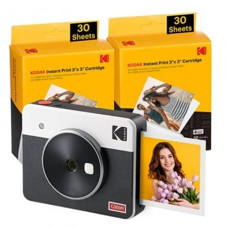 Pack Appareil Photo Numérique Instantané Rétro Bluetooth Kodak Mini Shot 3 + 60 Feuilles de Papier Photo 7,62x7,62 cm - Écran LCD 1,7" - Flash Intégré - Miroir Selfie - Couleur Blanc/Noir