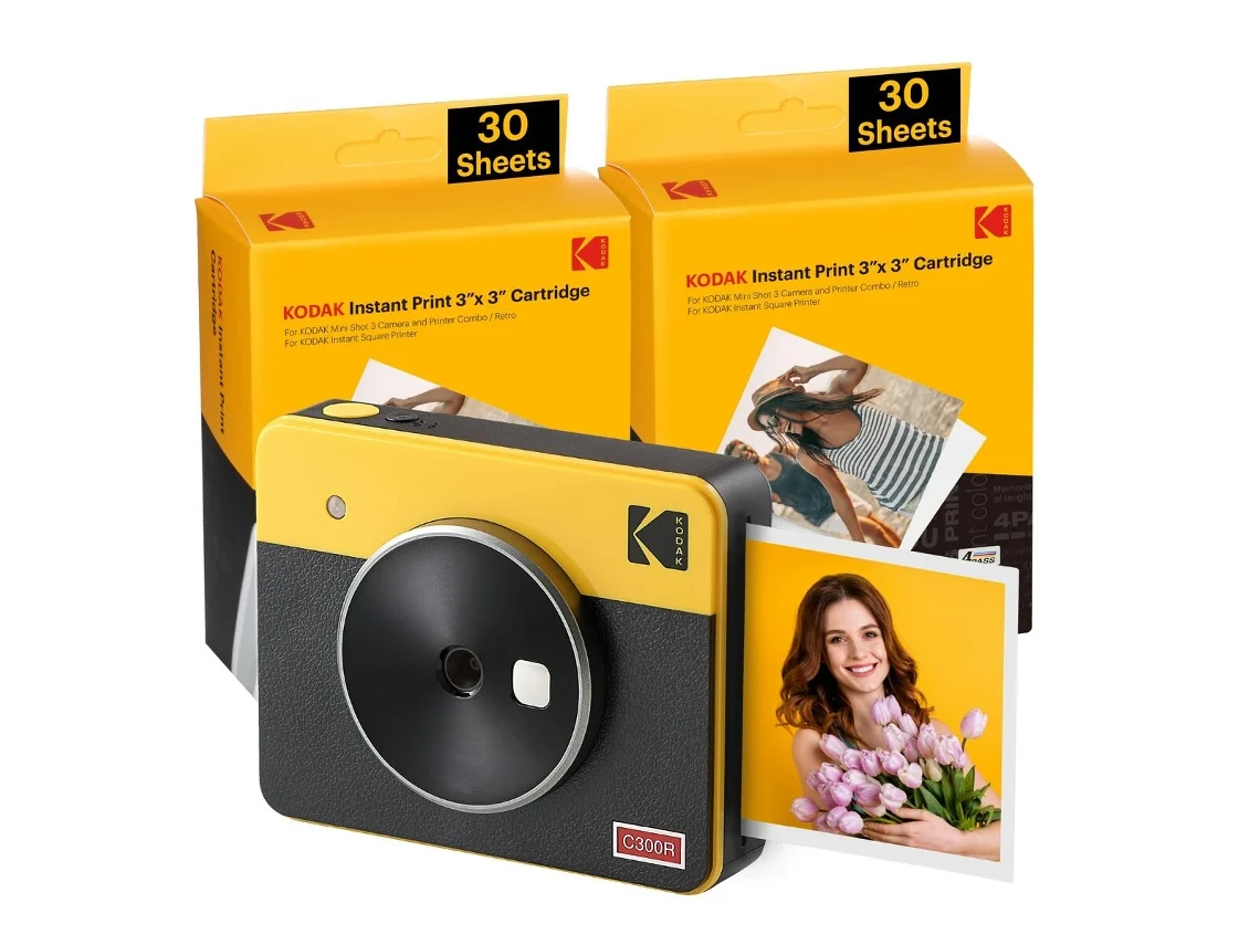 Pack Appareil Photo Numérique Instantané Rétro Bluetooth Kodak Mini Shot 3 + 60 Feuilles de Papier Photo 7,62x7,62 cm - Écran LCD 1,7" - Flash Intégré - Miroir Selfie - Couleur Jaune/Noir