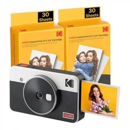 Pack Appareil Photo Numérique Instantané Rétro Kodak Mini Shot 2 Bluetooth + 60 Feuilles de Papier Photo 5,3x8,6 cm - Écran LCD 1,7" - Flash Intégré - Miroir Selfie - Couleur Blanc/Noir