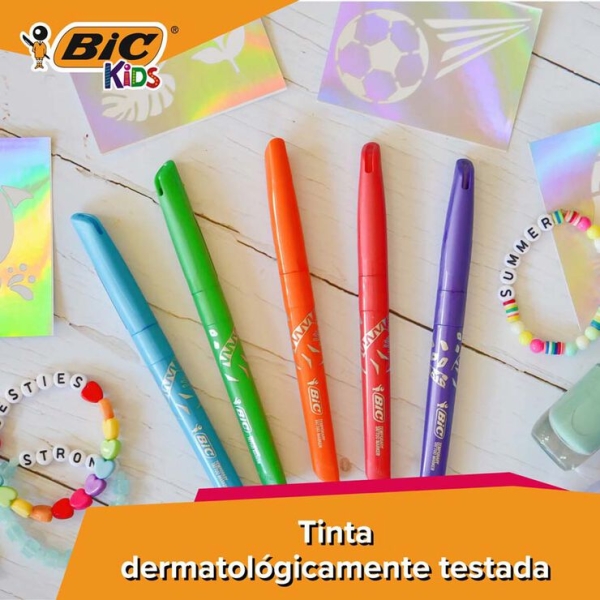 Pack Bic Kids Tattoos de 5 marqueurs + 10 pochoirs pour tatouages temporaires - Encre testée dermatologiquement et sans parfum - Couleurs assorties